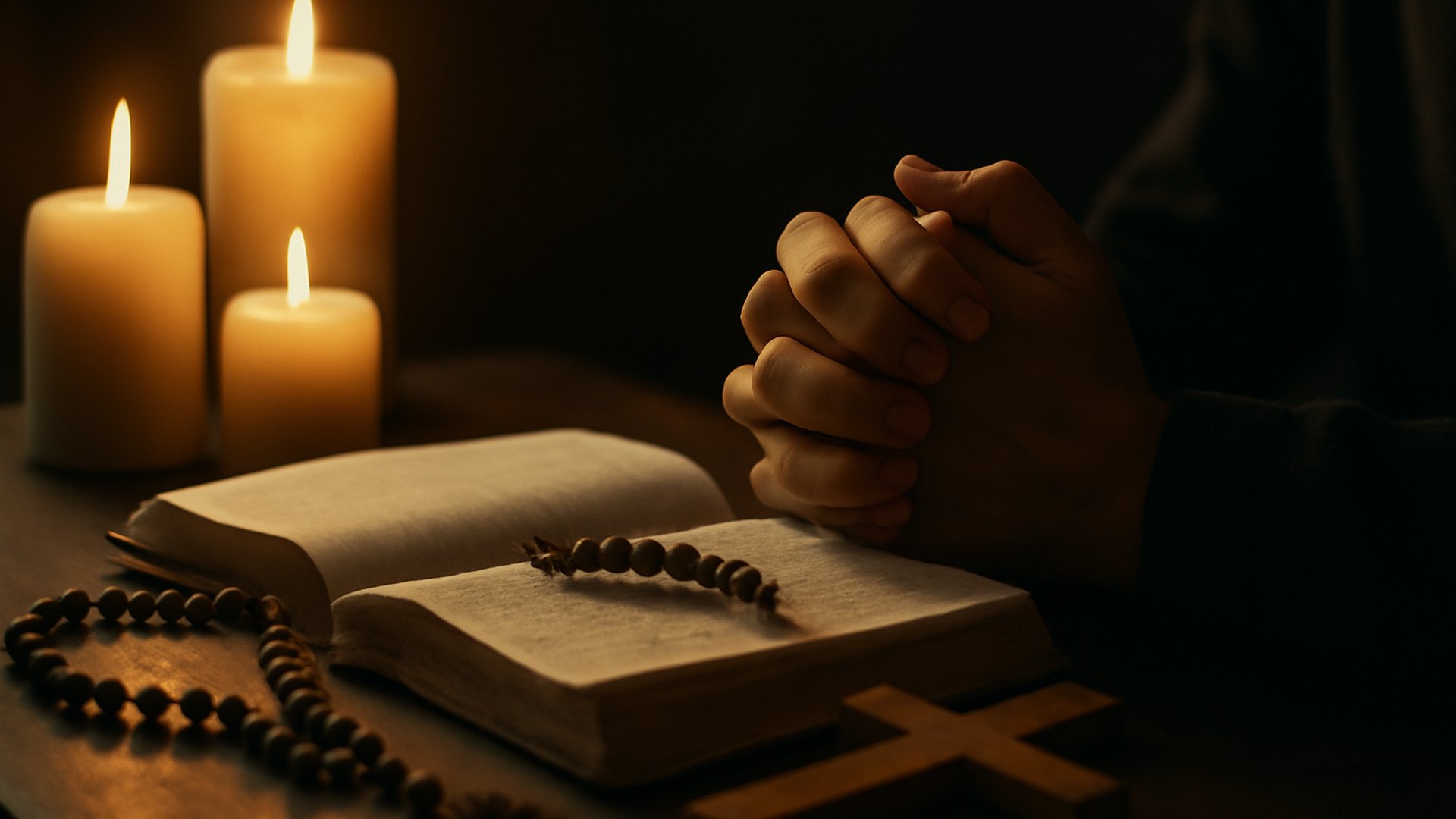 Candles, bible, and prayer beads symbolizing aspects of religion
